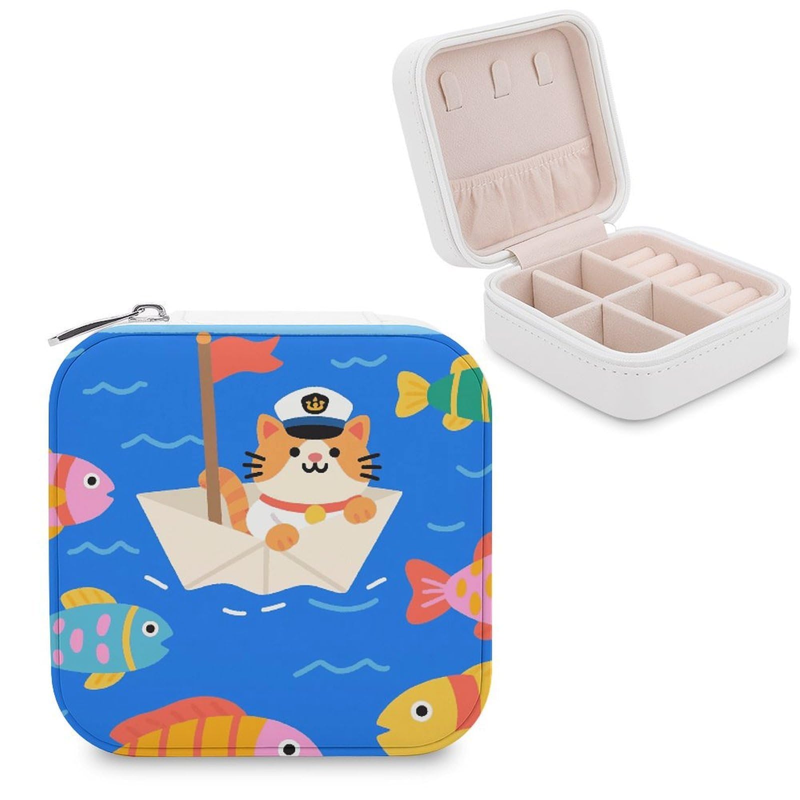VstaDank Captain - Cat on Paper - Boat Jewelry Box for Women Jewelry Organizer Storage Case with Zipper Mini Travel Jewelry Case Cute Trinket Organizer Leather Portable Jewelry Storage Box