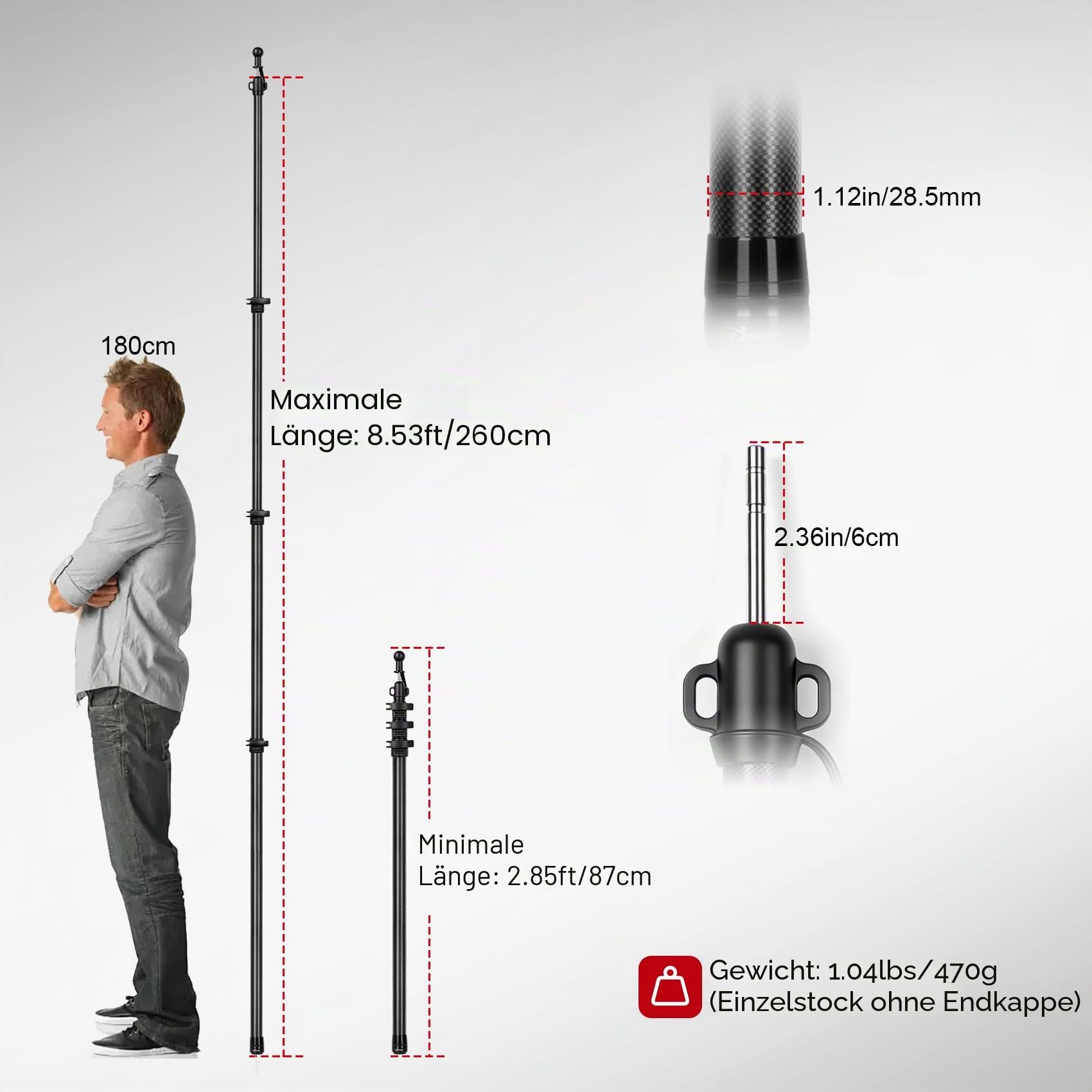 Zeltstange Teleskopstange Kohlefaser, 260 cm Teleskop Zeltstange Ultraleicht Carbon Stange, Zeltstangen Für Camping Tarps, Planen & Sonnensegel