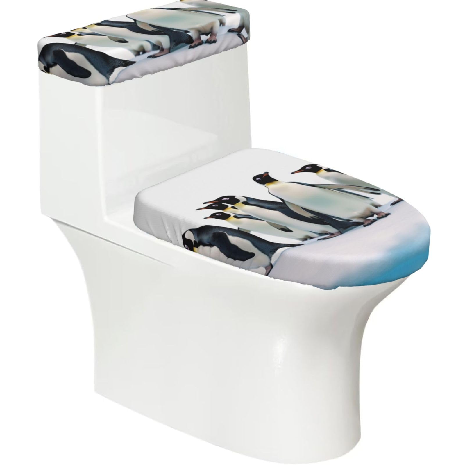 FekiLoot Penguins Toilet Lid Cover and Toilet Tank Cover Set of 2,Dust Splash Resistant Toilet Top Covers Soft Washable Toilet Lid Seat Cover for Bathroom Office Home Decor