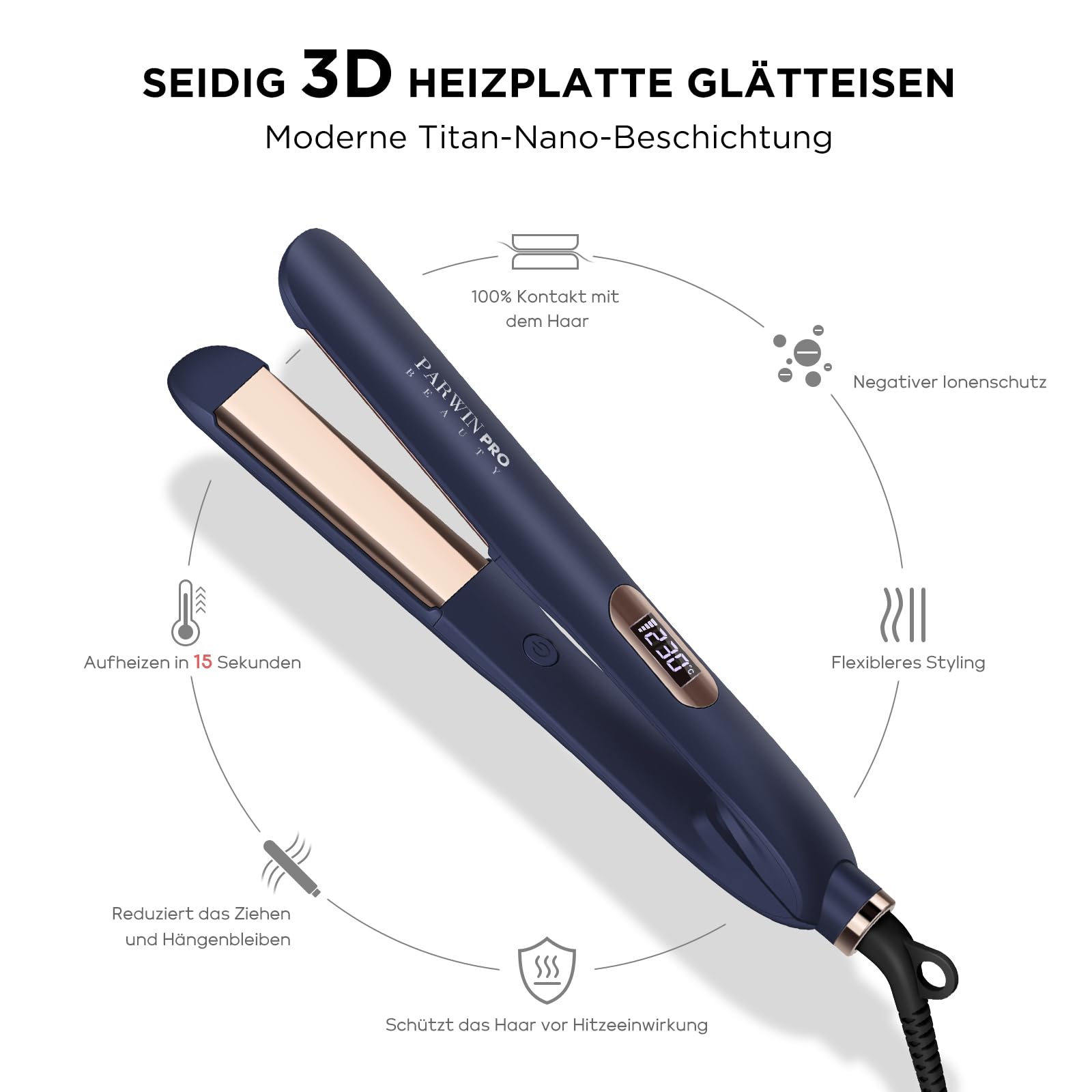2 in 1 Glätteisen Locken und Ionen Glätten PARWIN PRO BEAUTY Haarglätter | Nano-Titan-Beschichtung Glätteisen Breit Seidige Heizplatte, mit LCD Display, 130℃-230℃, Blau