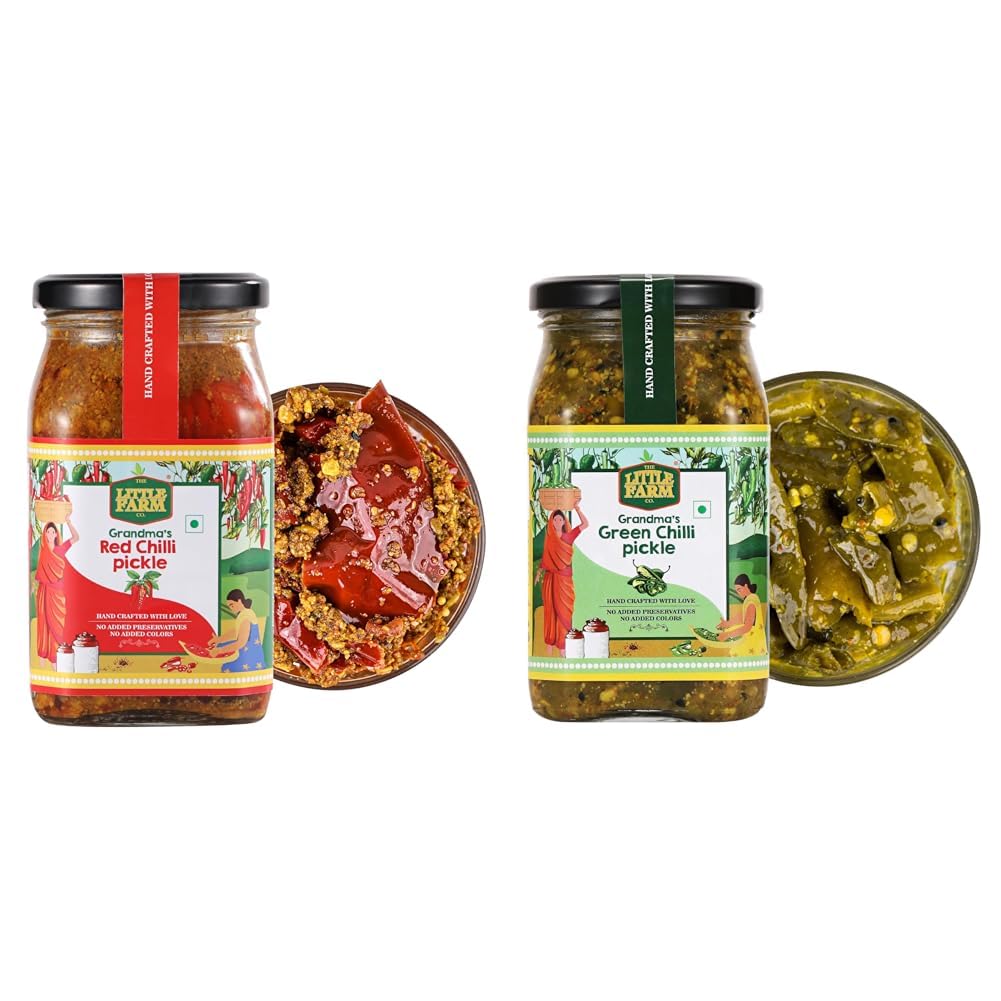 THE LITTLE FARM CO Banarasi Red Chilli Pickle - Lal Mirch ka Achar | Less Oil Mustard Base Homemade Stuffed Chilli Pickles,400g and Green Chilli Pickle - Hari Mirch ka Achar| 400g