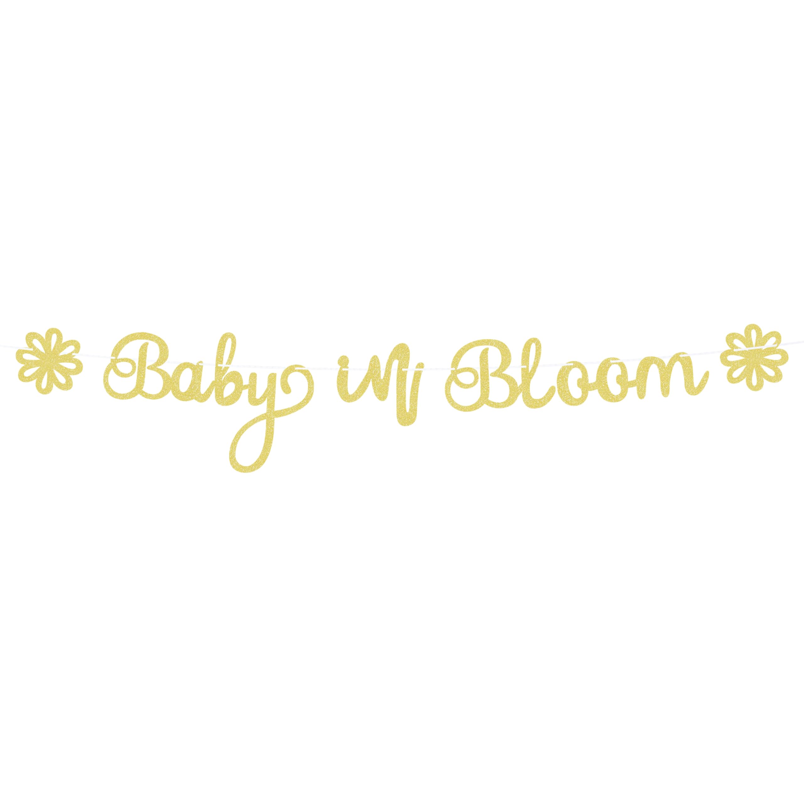 Pre-Strung Baby in Bloom Banner - Gold Glitter Baby in Bloom Baby Shower Decorations for Boys and Girls, Floral Theme Baby Shower Banner for Birthday
