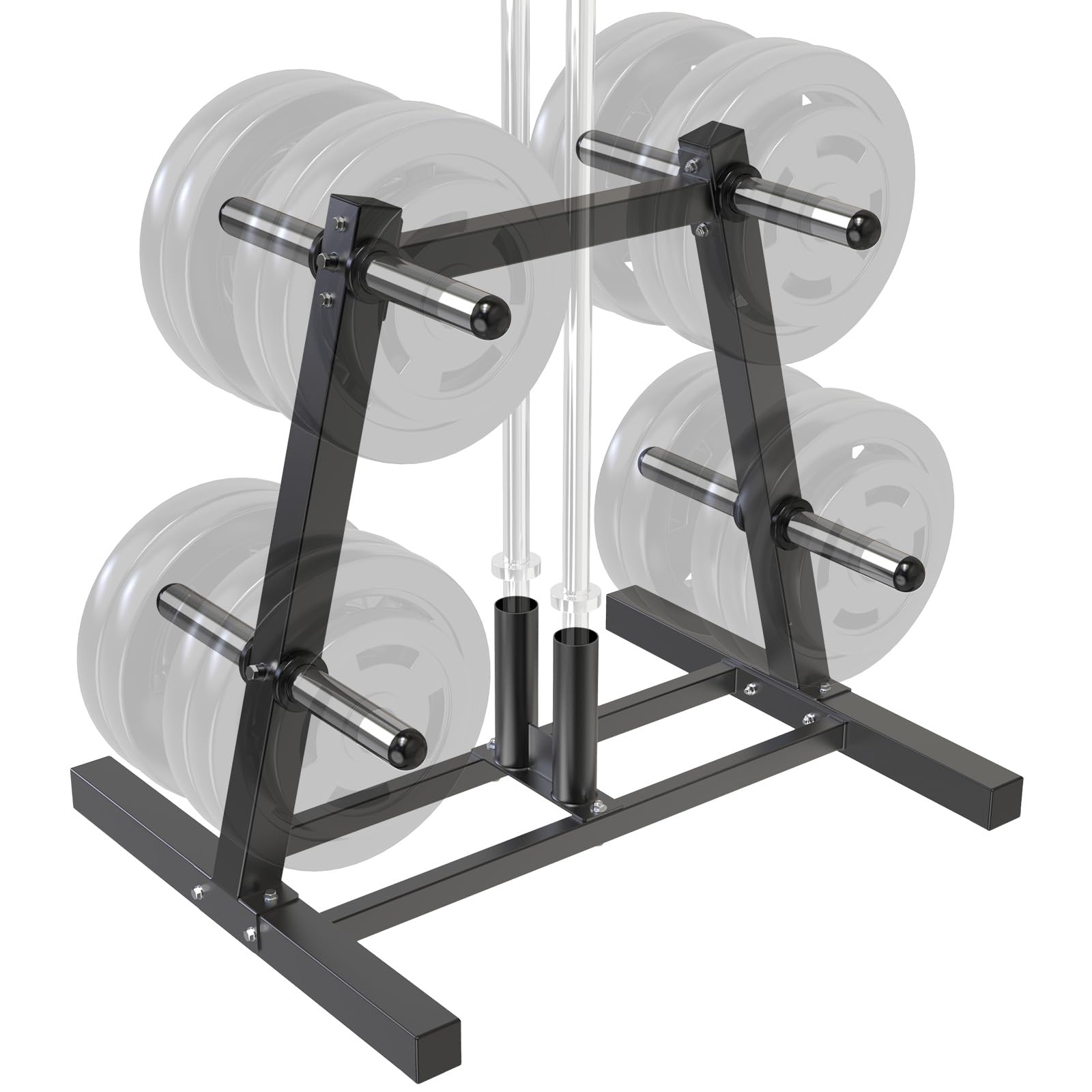 Kipika Gewichtsscheibenständer, Halter für 5 cm Olympia-Scheiben & 2 Langhantelhalter, robuster Bumper-Platten-Organizer für Heim-Fitnessstudio mit optionalen Rollen (A-Schwarz, ohne Rollen, 360 kg)