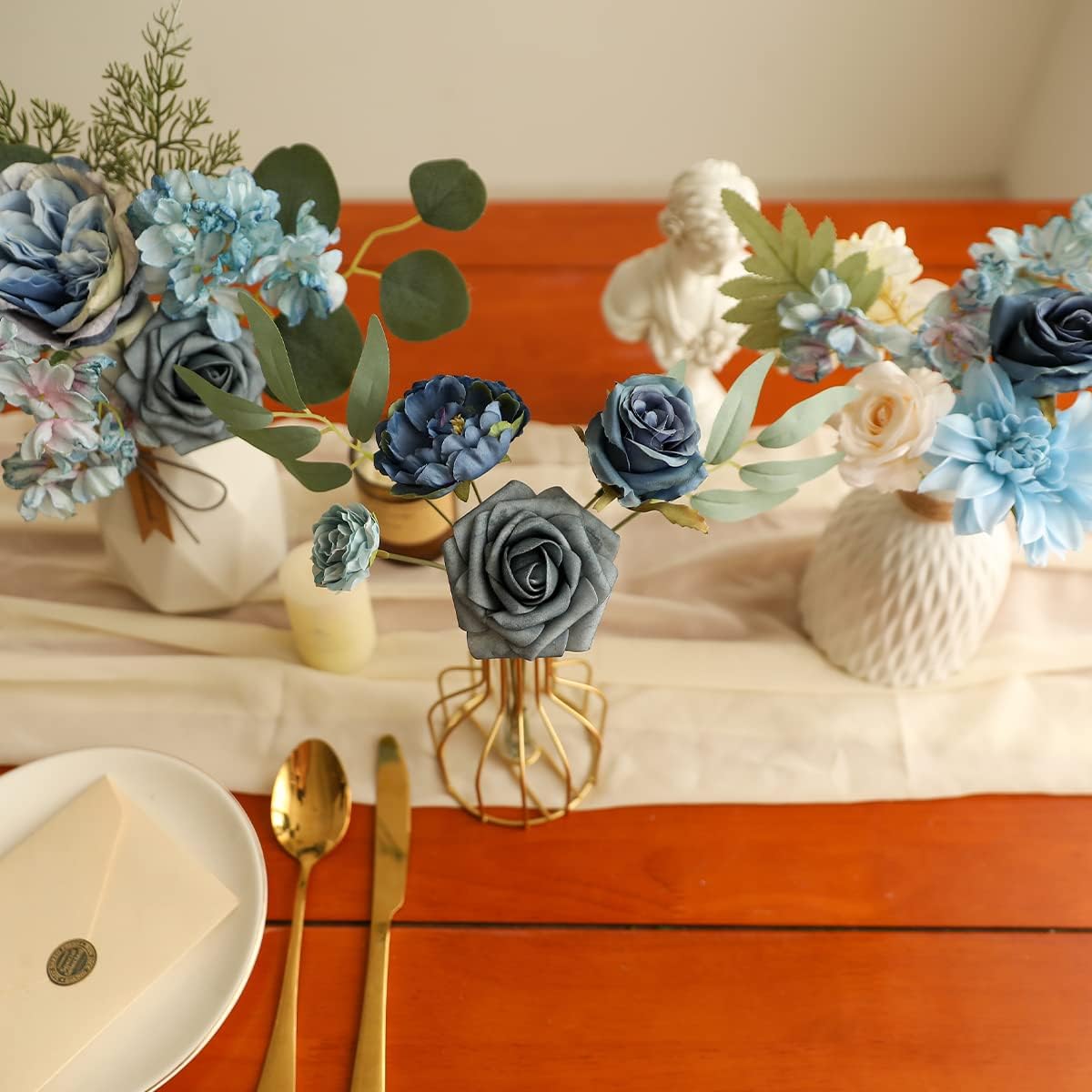 Kisflower Blue Flowers Artificial Combo Cake Flowers Decorations Fake Silk Roses Dahlia Peony Flowers Gift Box for DIY Wedding Bridal Bouquet Centerpieces Arrangements (Dusty Blue)