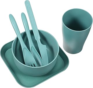1Set Wheat Straw Tableware Set Unbreakable Dinnerware with Reusable Kitchen Utensils Lightweight Plates Bowls and Cutlery for Home Travel and Camping Microwave and Dishwasher Safe
