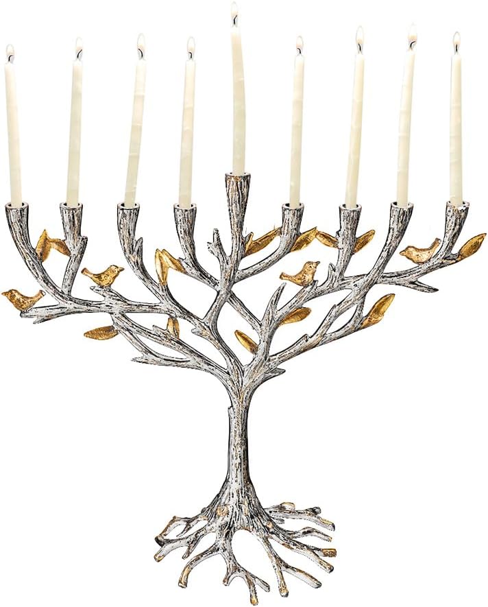 Yair Emanuel Hammered Tree of Life Menorah 13" - Aluminum Hanukkah Menorah with Copper Trim Leaves - Fits Standard 5/16” Candles