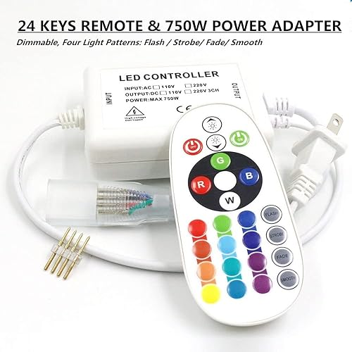 Miniatura 5 de SYMHMT - Tira de luz LED RGB de neón, CA 110 Vmulticolor, regulable, multimodos, impermeable, flexible, con control remoto (65.5 pies, RGB)