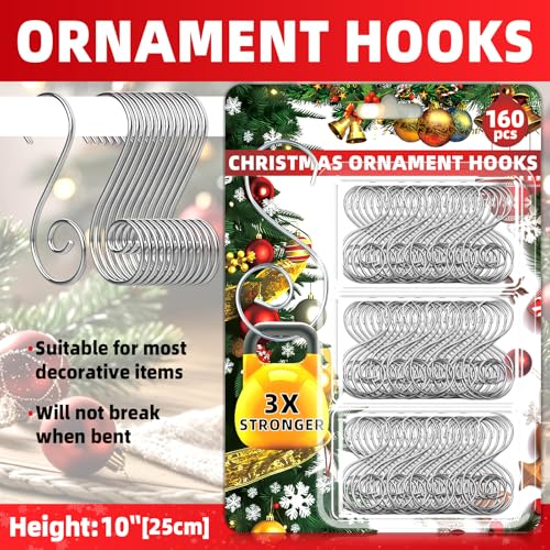 160 Pcs Christmas Ornament Hooks Silver S-Shaped Hangers with Storage Box Christmas Tree Hooks for Ornaments, Xmas Ornament Hangers for Tree Decoration - Thumbnail 3