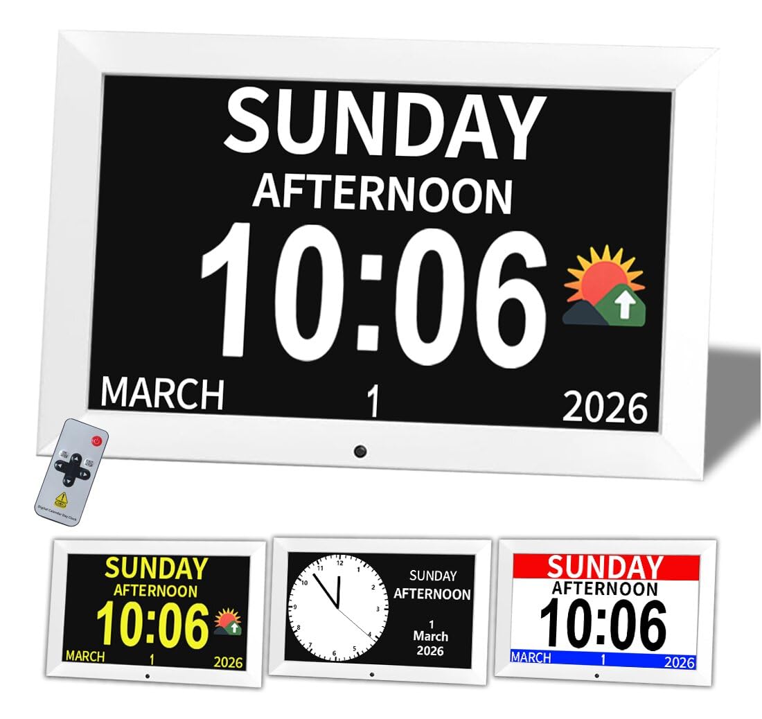 MOIMRYESO 8Inch White Digital Dementia Clock, Large Display Calendar Clock, 15 Medication Reminders, Auto DST, Auto Brightness Adjustment, Equipped with Remote Control (10.1inch white, Large)