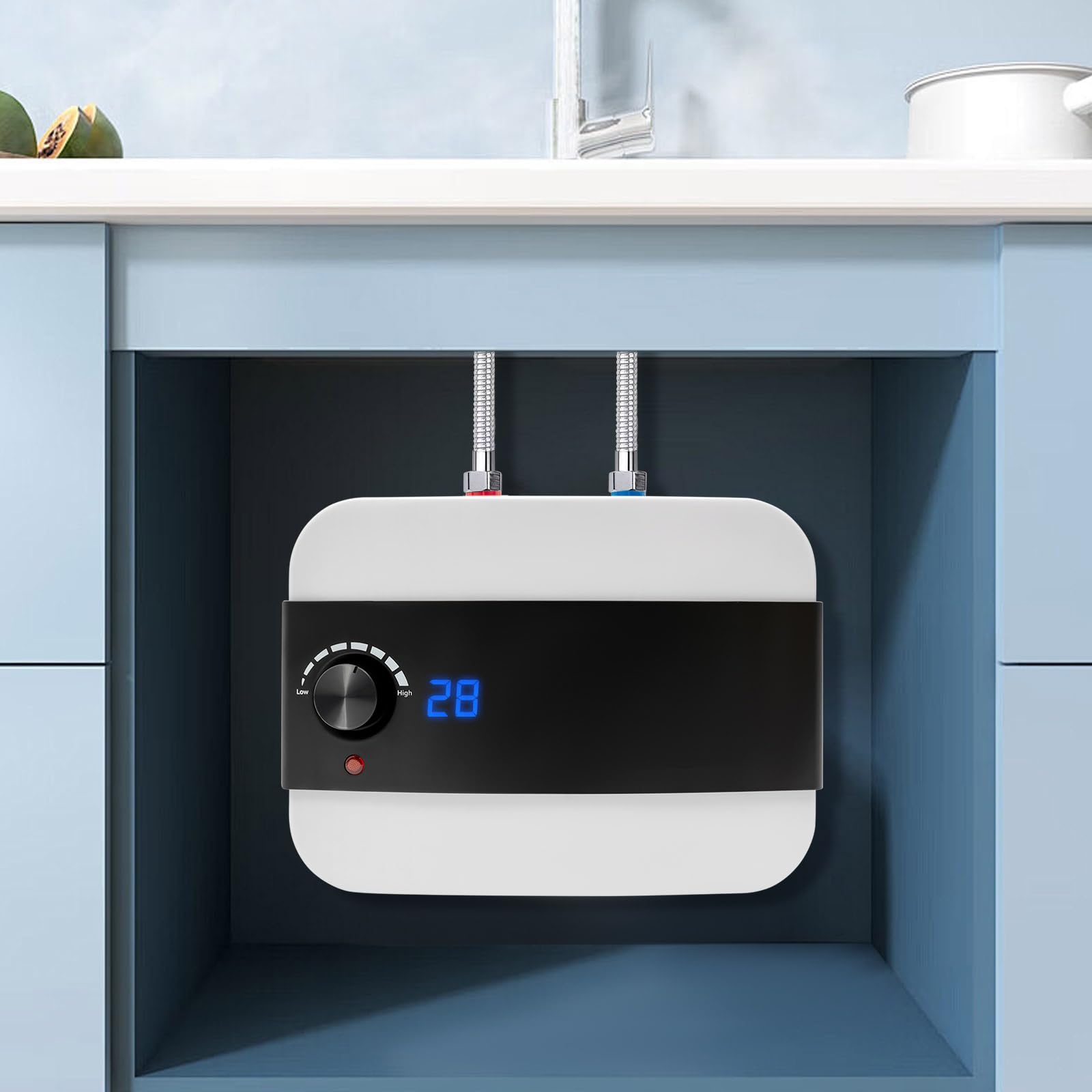 Calentador de agua eléctrico instantáneo (6 L, 1500 W, 220 V, mini, color blanco y moderno, con pantalla de temperatura LED legible, 0 a 65 °C