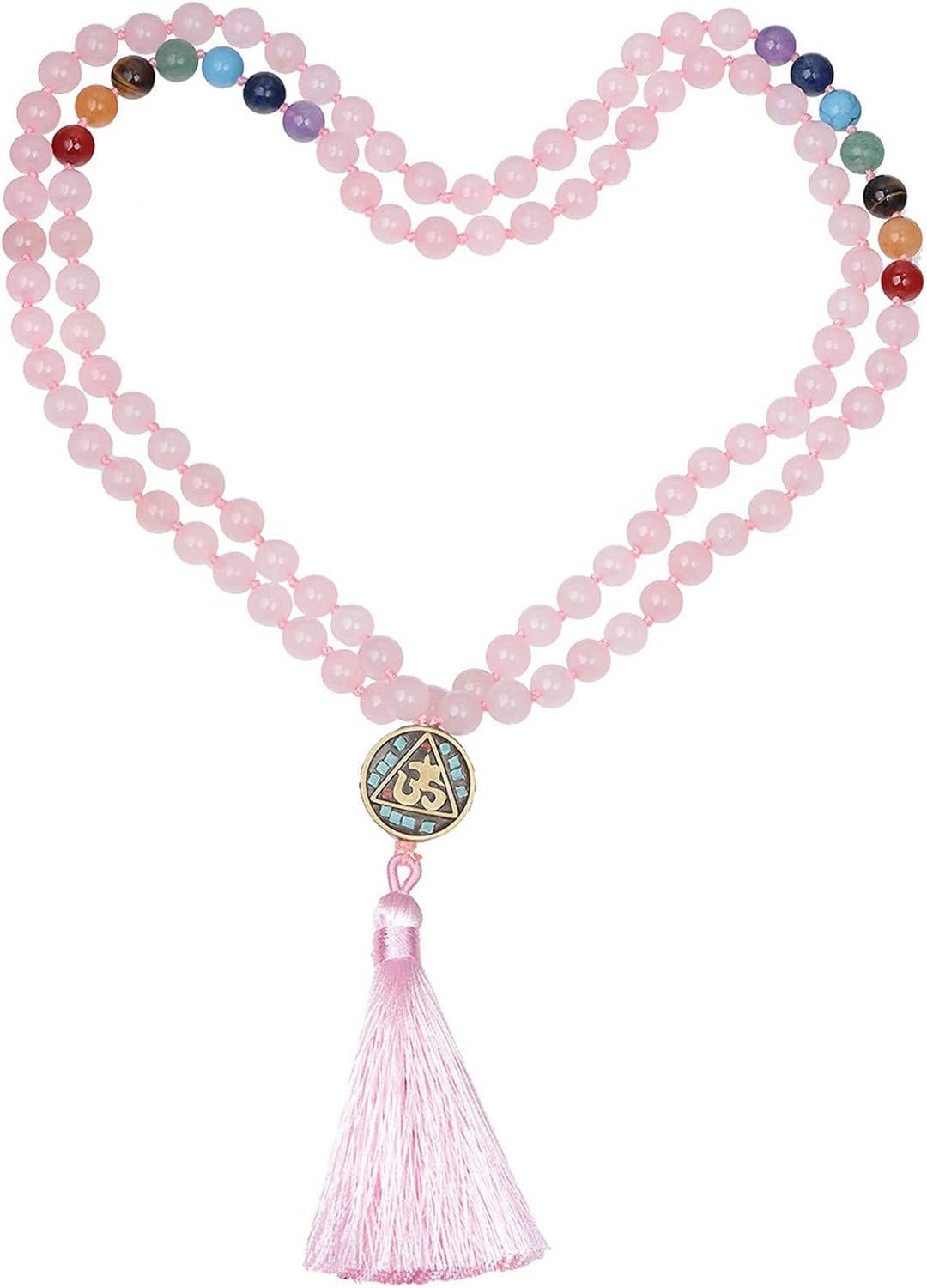Nupuyai 108 Mala Prayer Beads Necklace for Women Men, 7 Chakra Crystal Stone Long Wrap Necklace with Tassel OM Charm Yoga Meditation Reiki Quartz Jewelry