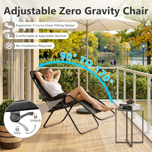 2 Pack Zero Gravity Chair, Adjustable Lounge Chair, Outdoor Recliner, Folding Anti Gravity Lounge Chairs, Lawn Chairs Reclining with Pillow & Cup Holder for Pool Camping Sunbathing Beach Patio (Black) by MAKE CHANGES - Image 5