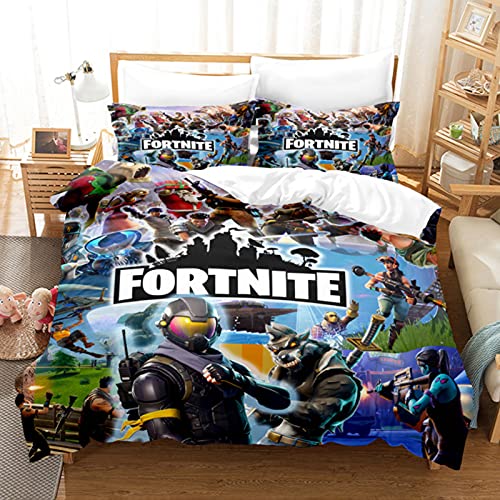 Nuaueaw Housse De Couette Costume Trois Pièces Et Ensemble De Couette Fortnite Housse De Couette Dessin Animé (F,220x240_cm King)