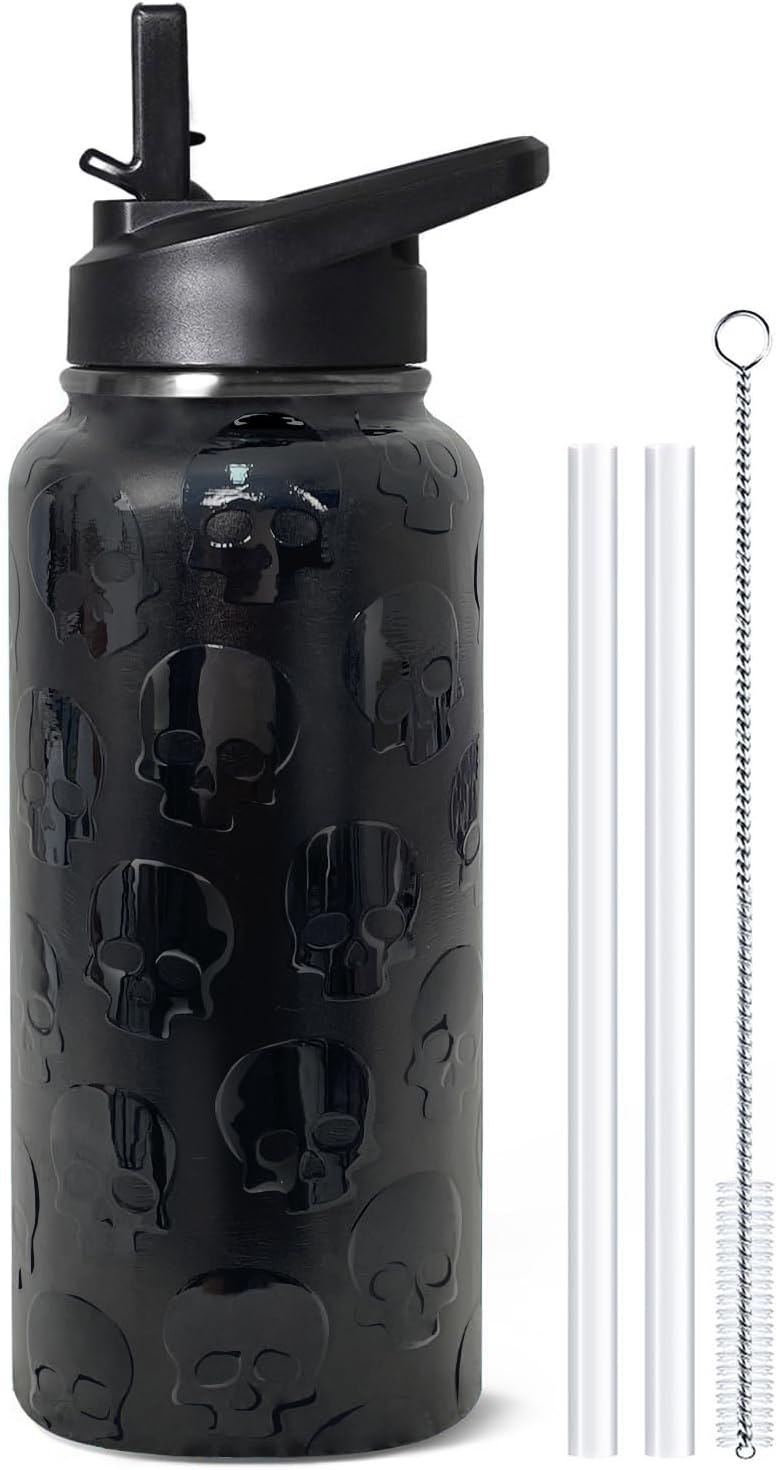 32 oz Halloween Tumbler 3d-Printed Skull Tumblers Insulated Water Bottle with Straws and Flip Lid Stainless Steel Goth Cup Spooky Gifts for Men Women