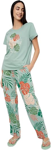 Max Women's Printed Round Neck Half Sleeve Cotton Pyjama Set