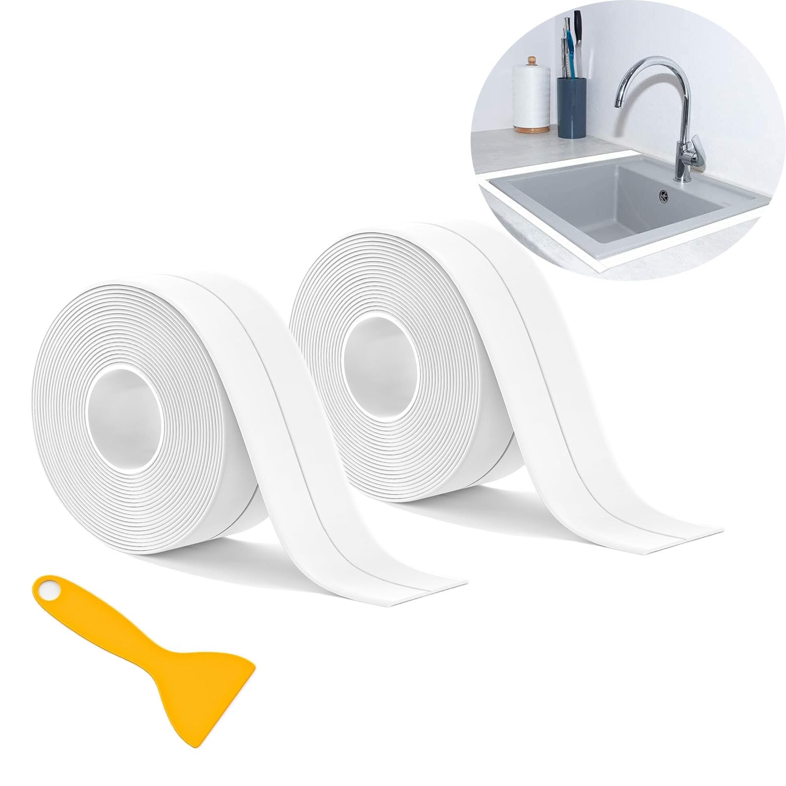 Self-Adhesive Sealant Tape, 11FT White Waterproof Caulk Strip, Mold-Proof Seal Strip for Kitchen, Bathroom, Toilet, Bathtub, Sink & Wall Corner (2 Rolls)