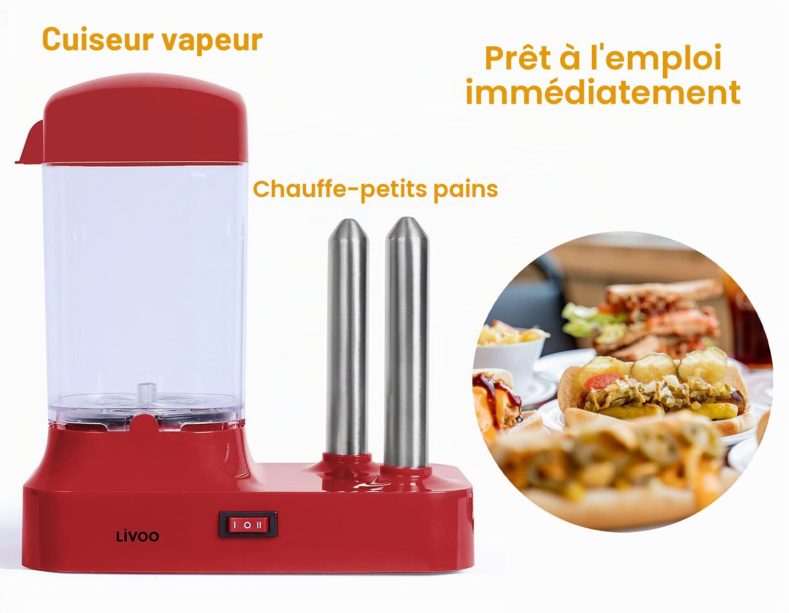 Machine à hot-dogs, pour 6 saucisses, avec récipient chauffant amovible, chauffe-saucisses avec brochettes en acier inoxydable pour réchauffer les petits pains