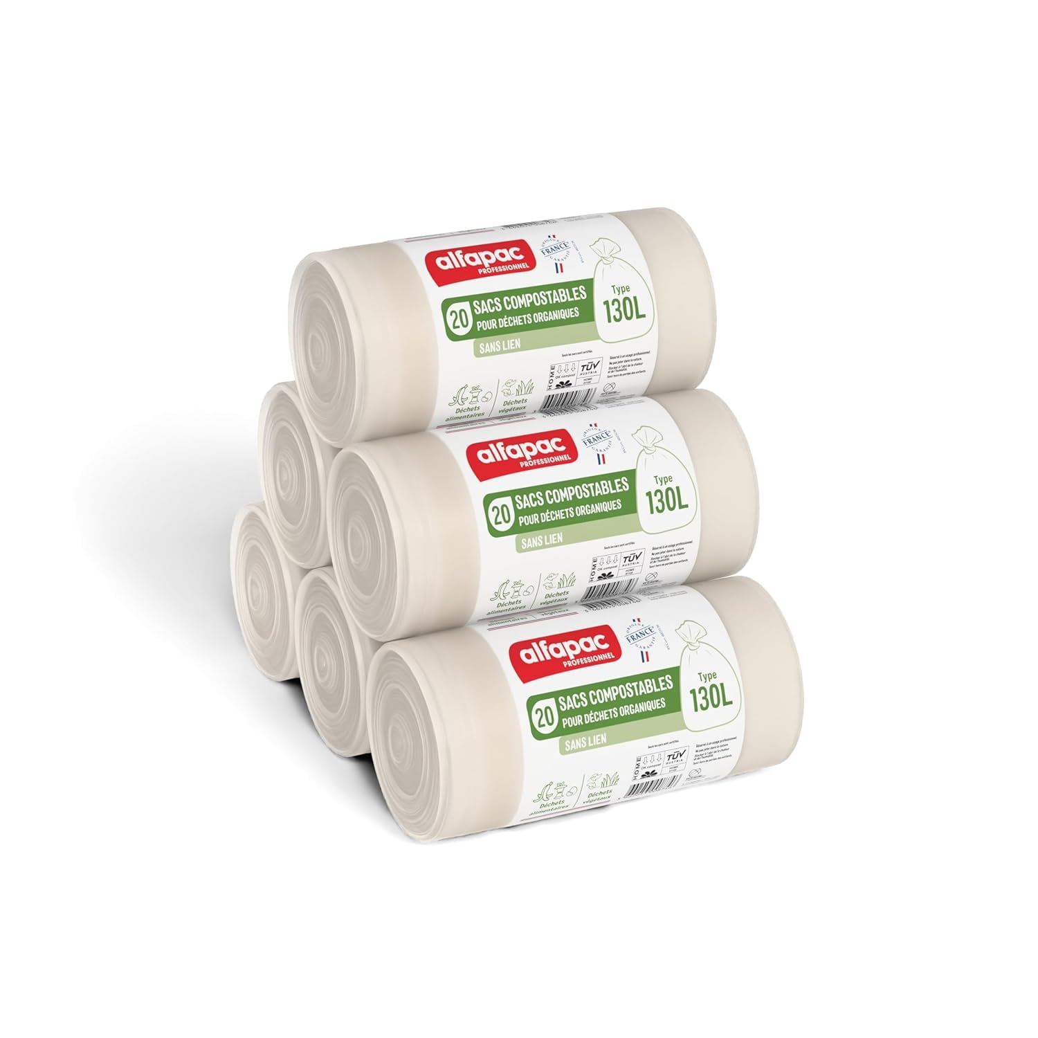 Alfapac profesional - Caja de 100 bolsas de basura compostables - Gran capacidad 130L - 5 rollos de 20 bolsas - Sin vínculos - Fabricado en Francia - Para residuos orgánicos | Gran capacidad, 5 rollos de 20 bolsas, sin conexión, para desechos orgánicos