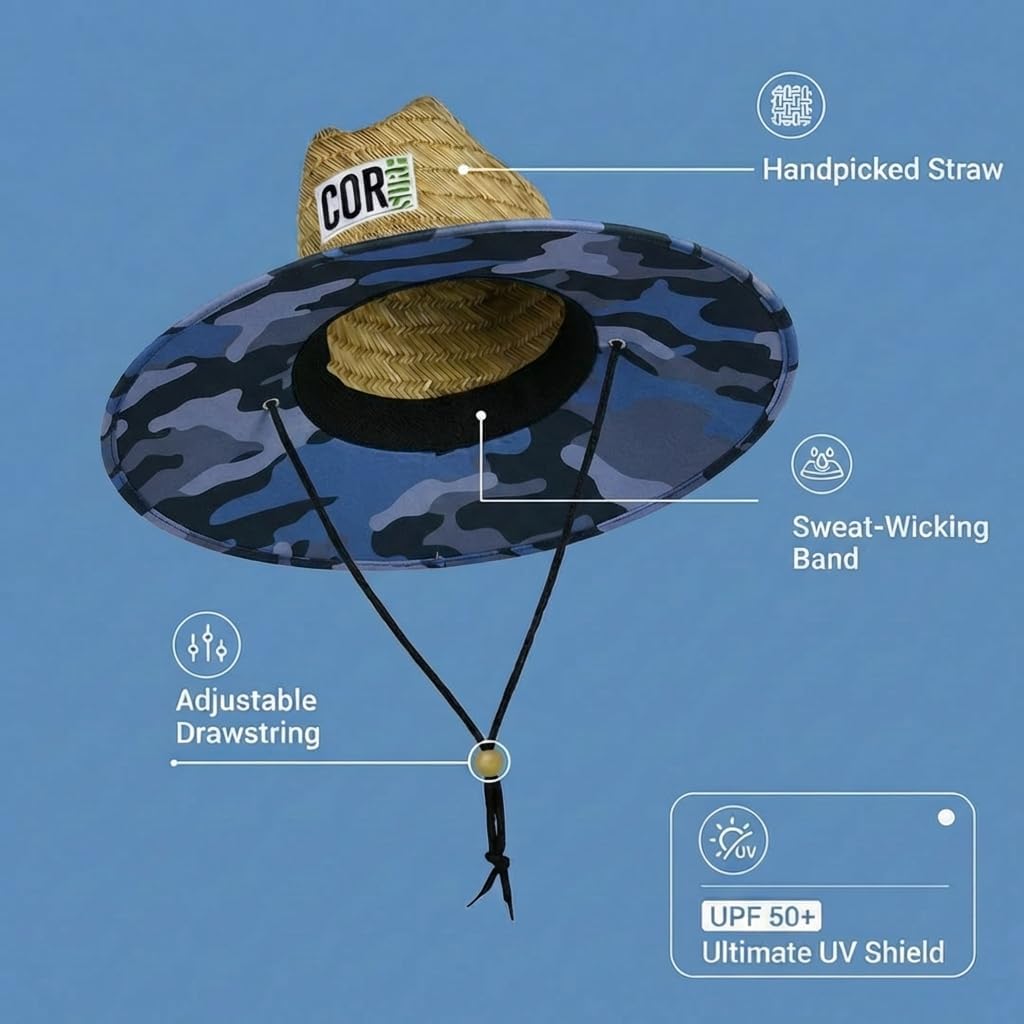 COR Surf Straw Hats for Men and Women Classic Lifeguard Sun Hat with UPF 50+ Cloth Printed Under The Beach Hat