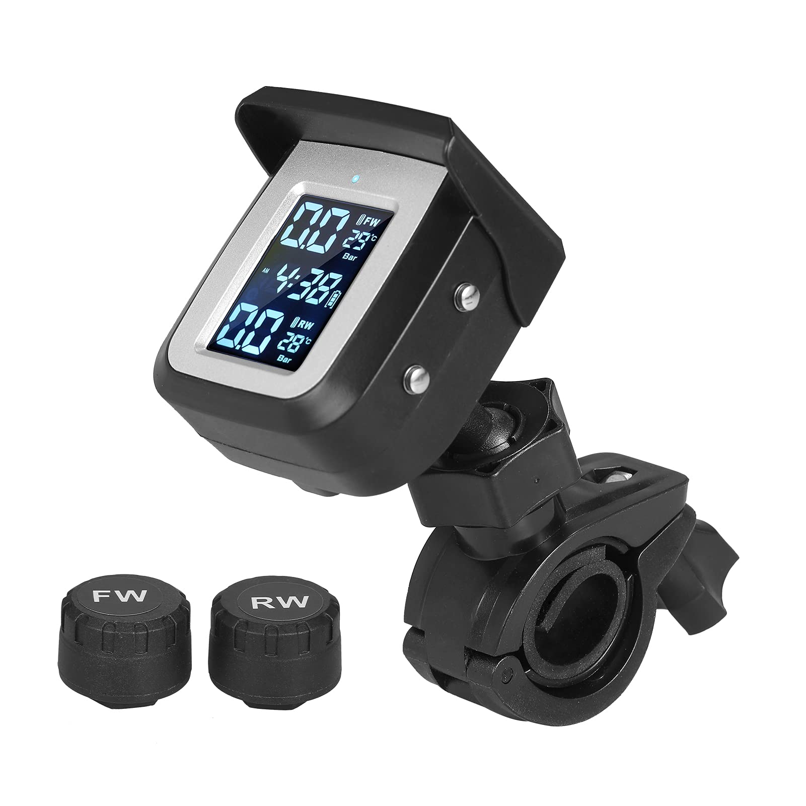 Eacam Tyre Pressure Monitoring System Solar Power Wireless Tire Pressure Monitoring System with 2 External Sensors Temp & Pressure LCD Display Auto-Alarm Auto Sleep & Awake for Motorcycle