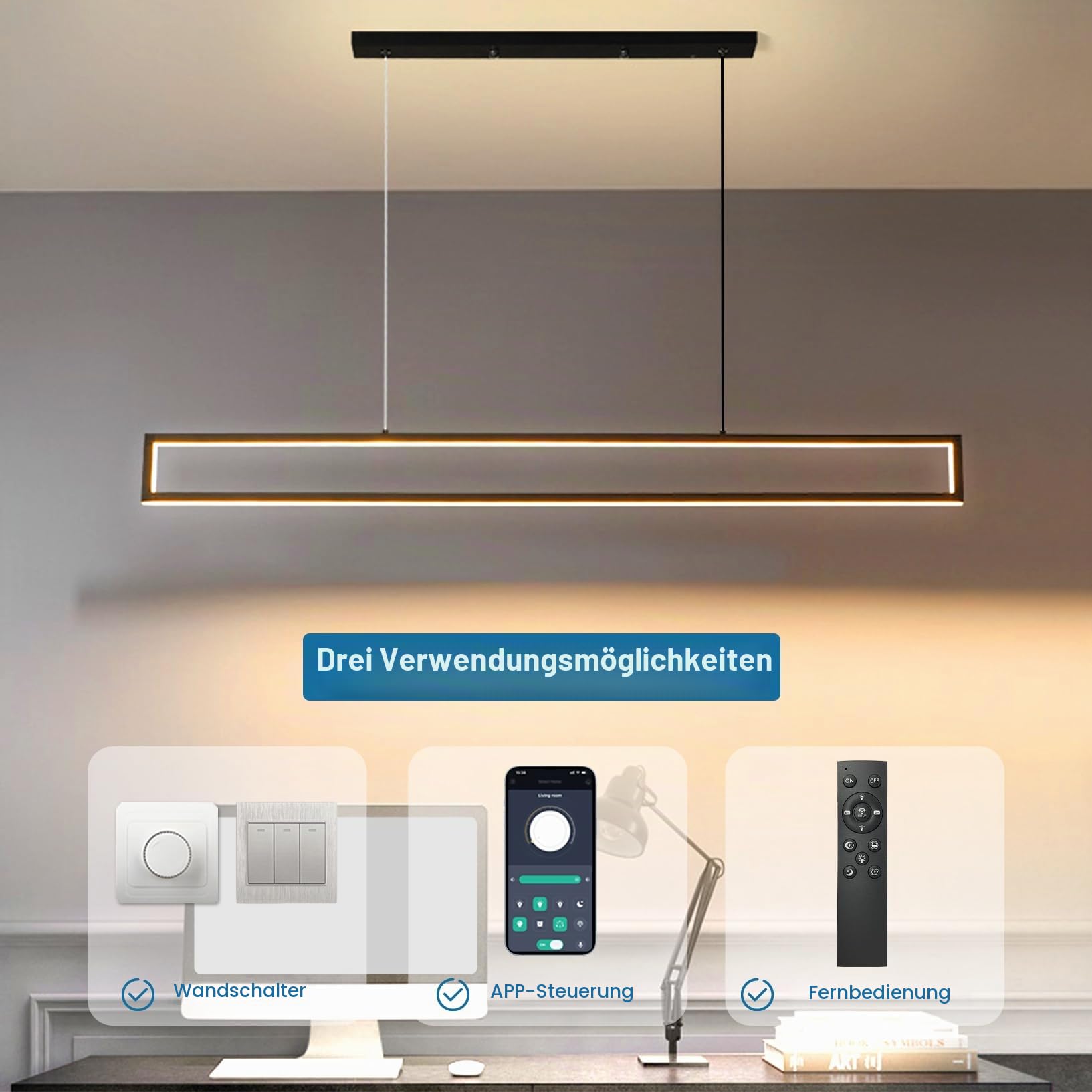 LED Pendelleuchte Esstisch 100cm, Modern Led Hängelampe Esstisch Dimmbar Hoehenverstellbar 42W Aluminium Esstischlampe Hängend Mit Fernbedienung 3000K-6500K 10%-100% Helligkeit