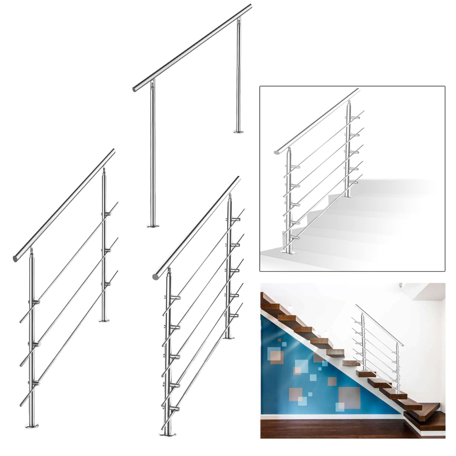 Poręcz ze stali nierdzewnej, do balustrady schodowej, na balkon, 120 cm, z 4 poprzeczkami Ø 42 mm, do wewnątrz i na zewnątrz