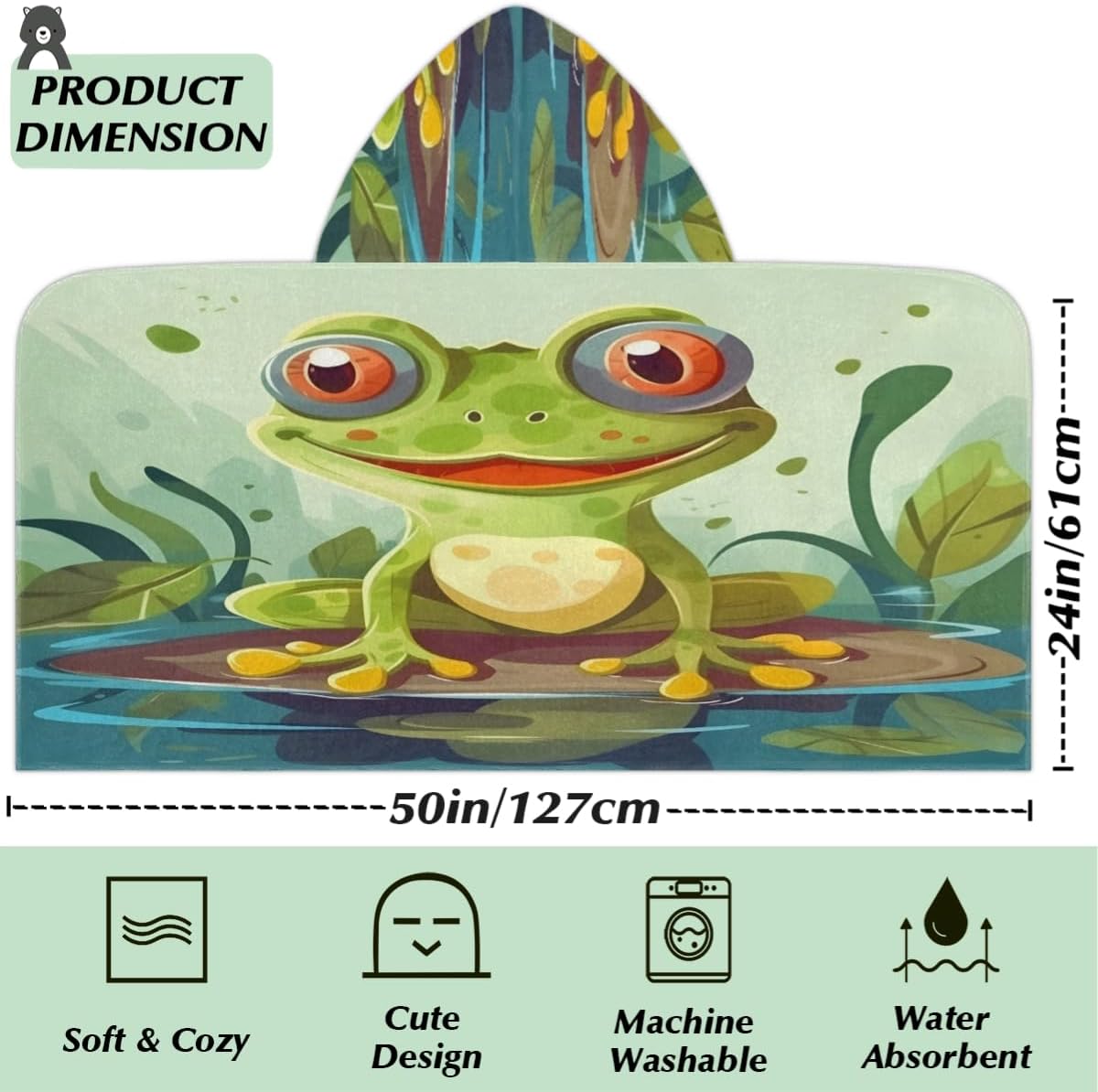 Pardick Kids Bath Towel Cute Frog Beach Towel with Hood Pool Cover Up for Girls Boys Soft Absorbent Hooded Bath Towel Toddler Towels for Beach, Pool