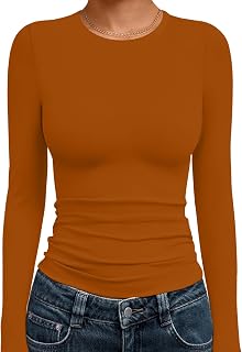 Ekouaer Women Long Sleeve Shirts Thermal Underwear Tops Round Neck Undershirts Slim Fit Basic Tees Soft Lightweight Tshirts Light Brown L
