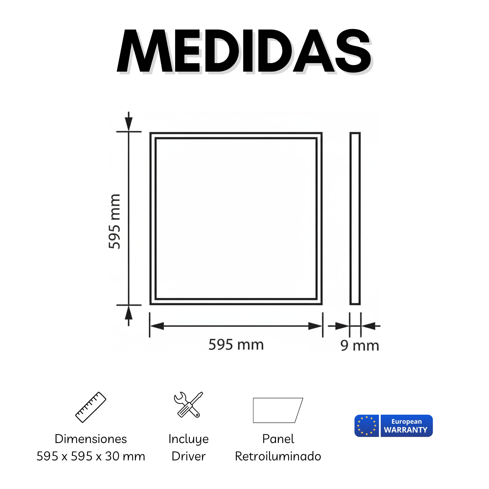 Panel LED 60x60, 40W, 595x595x9mm, Blanco, Interior, SMD, 2880 Lúmenes. Para techo técnico de placas de 60x60cm. Posado sobre perfilería. Garantía europea 3 años (1ud)