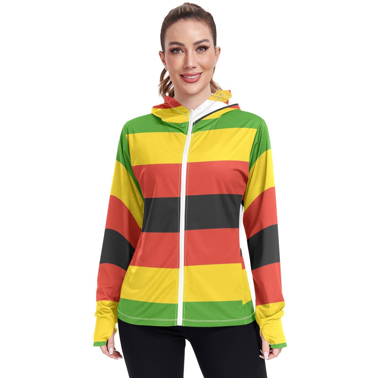 Zimbabwe Flag Womens UPF 50+ Sun Protection Hoodie Jacket Lightweight Long Sleeve Sun Shirt with Pocket Multicoloured