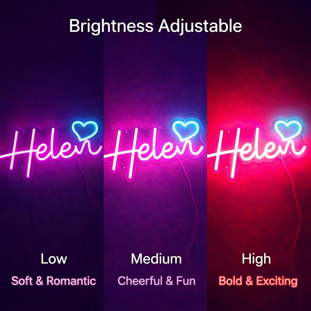 Helen Neon Sign – Pink LED Name Light with Ice Blue Heart, 16.9 x 8.7 in, Girls Bedroom Wall Decor, Baby Shower, Nursery Name Sign, USB Powered, Adjustable Brightness