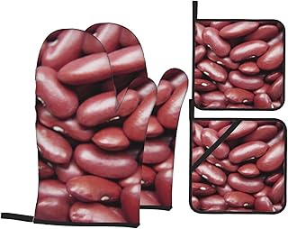 Red Beans Heat Resistant Oven Mitts and Pot Holders Set of 4-500°f Protection Utensil Pocket for Grilling, Baking, Cooking