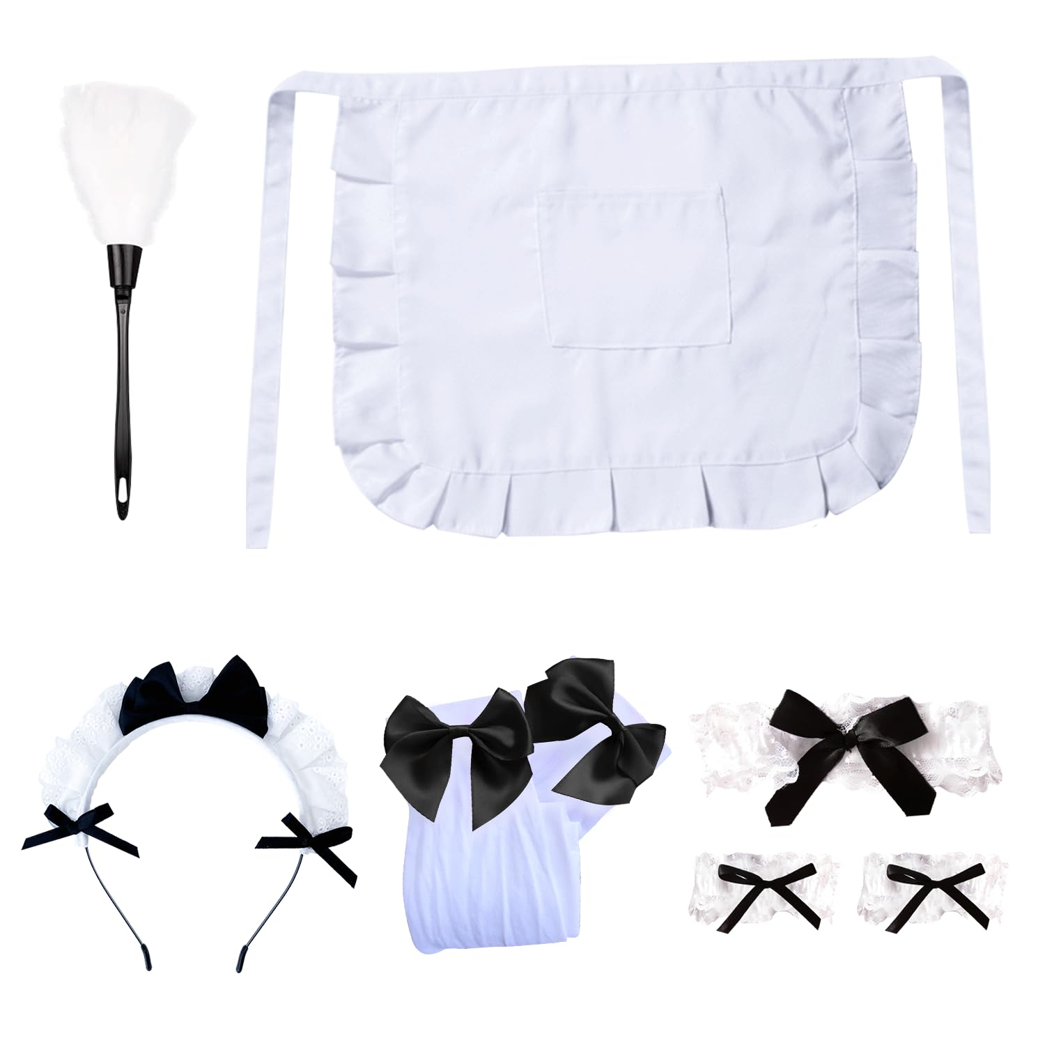 HAICN 7Pieces Maid Costume Accessories Set Feathered Duster Maid Headband Maid Apron Collar With Lace Cuffs Socks Maid Apron Party Decoration Fancy Dress Set for Girl
