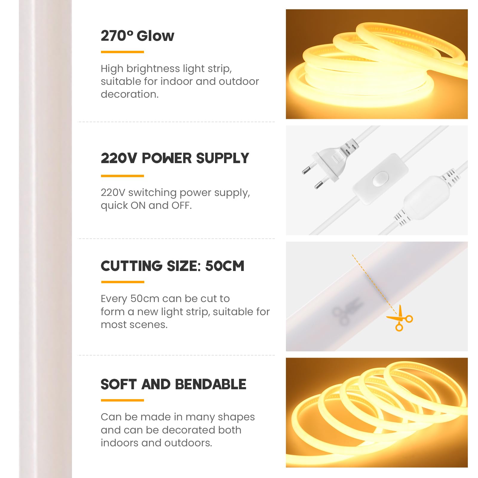230V COB Neon LED Streifen 6m, 270°Beleuchten Licht, Schneidbar (50cm), 288LEDs/m Superhell Flexible Warmweiß FCOB LED Leuchtband Mit Schaltstecker für Weihnachten, Party Deko