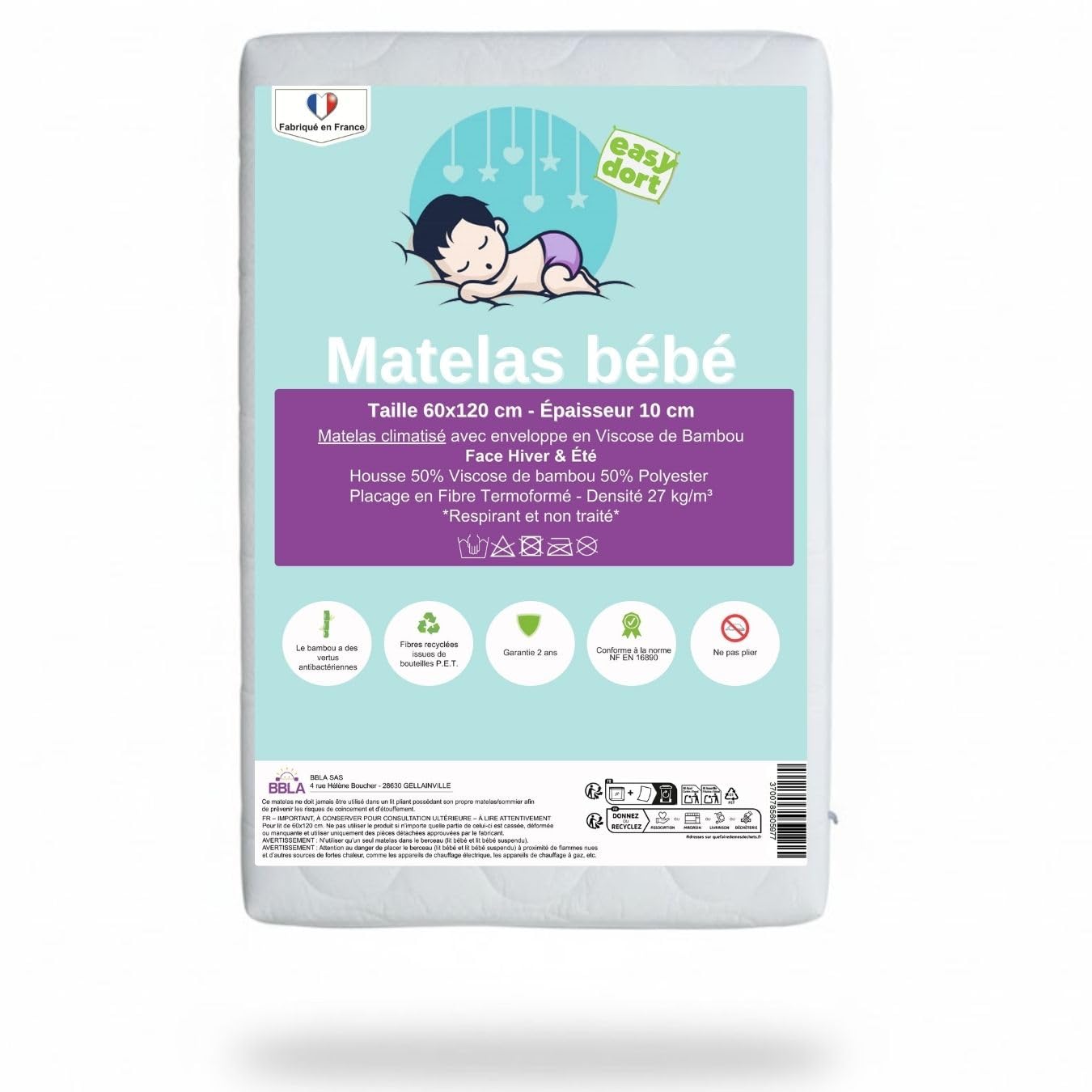 Easy Dort Podwójny klimatyzowany materac 60 x 120 cm do łóżeczka dziecięcego Łóżko parasolowe Grubość 10 cm Zdejmowany Wyprodukowano we Francji