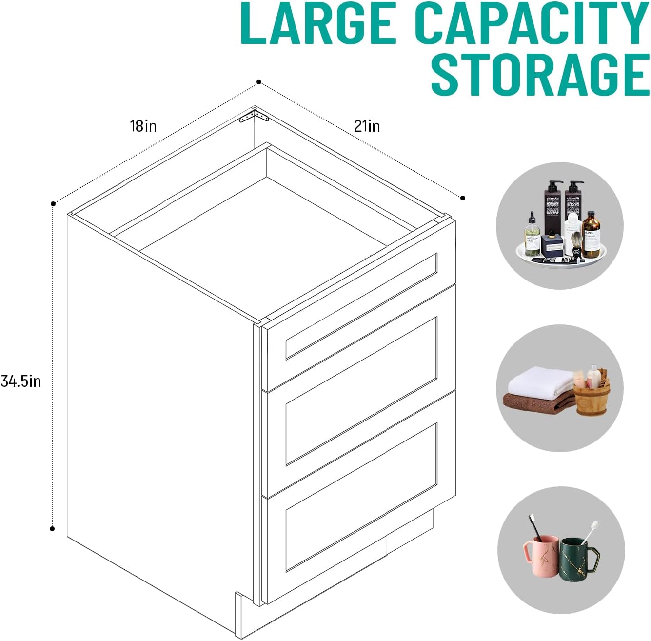 Bathroom Vanity, Drawer Base Cabinet, Ready to Assemble Cabinet, 3 Drawers, White Shaker, Soft Close, Unassemble (White Shaker, 18" W X 34.5" H X 21" D)