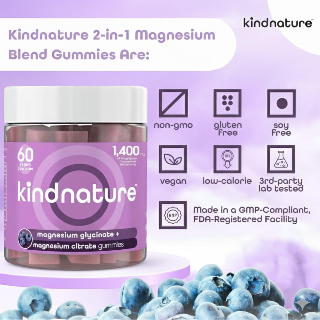 KINDNATURE Magnesium Glycinate & Citrate Gummies – Calm Magnesium Complex for Sleep, Stress, Cramps & Digestion – Chewable Vegan Magnesium Supplement for Women, Teens, Adults – 60 Ct - Image 6
