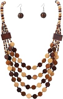 Wood Beads Necklace & Earrings for Women Chunky Multi-Layering Choker Necklace Ear Pendant
