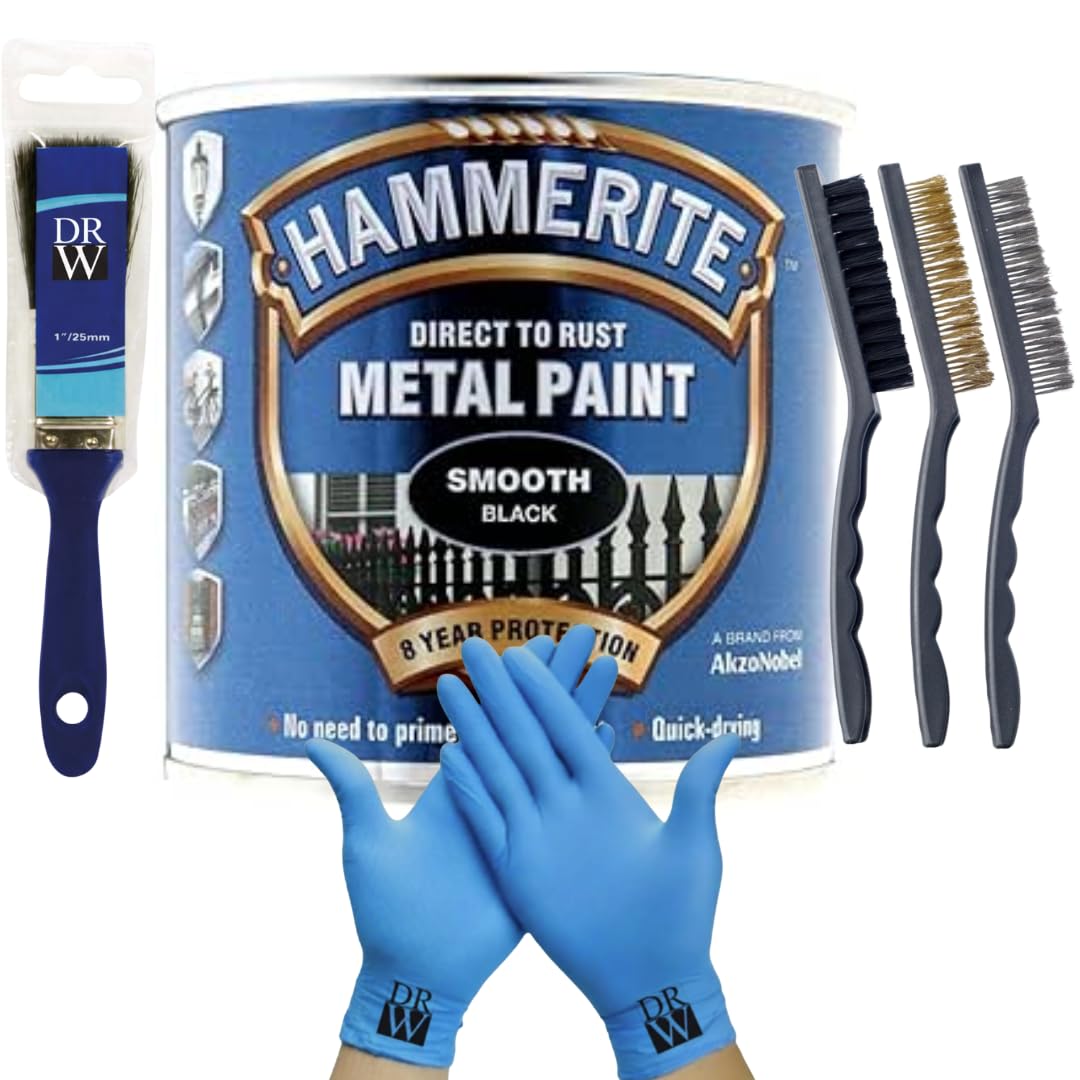 DRW Hammerite Direct to Rust Metal Paint Smooth Black 250ml 1" Paint Brush, 3 Wire Brush Set & Free Nitrile Gloves | Durable Rust Protection for Indoor & Outdoor Metal