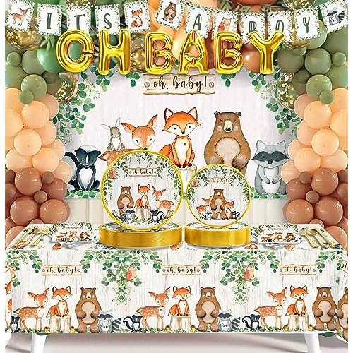 Yuzioey 261PCS Woodland Baby Shower Decorations, Oh Baby Forest Animal Gender Neutral Baby Shower Supplies Kit, Woodland Tablecloth, Banners, Balloons Garland, Disposable Dinnerware