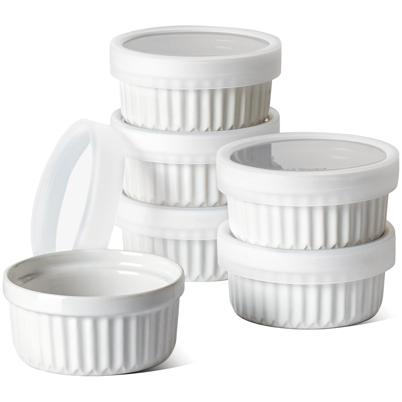 LE TAUCI Ramequines con tapas, 8 onzas, aptos para horno, cuencos de ramequín de crema brulee, platos de cerámica con cubiertas, tazas de natillas para hornear, pudín, servir salsa, helado, juego de