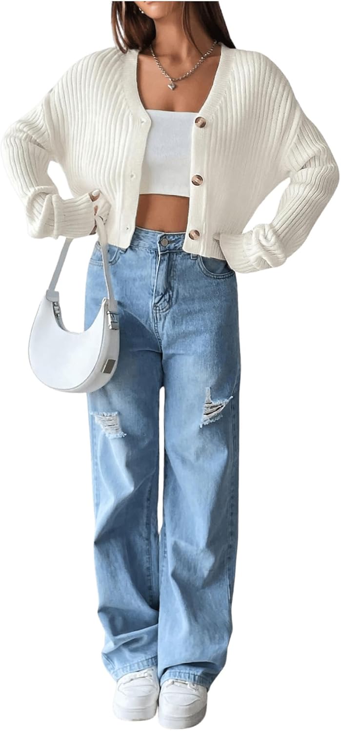 SHENHE Women's Ribbed Knit V Neck Button Down Long Sleeve Drop Shoulder Cardigan Sweater - Image 3