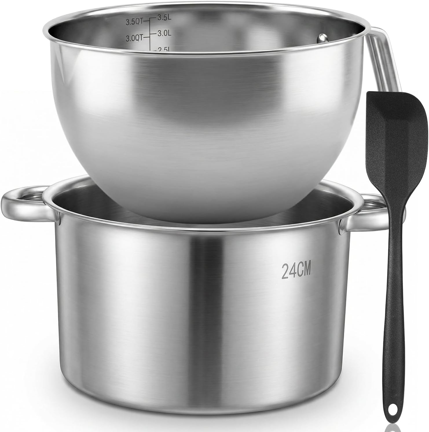 1Set Double Boilers for Stove Top, 304 Stainless Steel 4000ml,3500ml | Double Boiler for Candle Making with Silicone Spatula for Induction & Gas Stovetops, For Chocolate, Candle, Soap Making