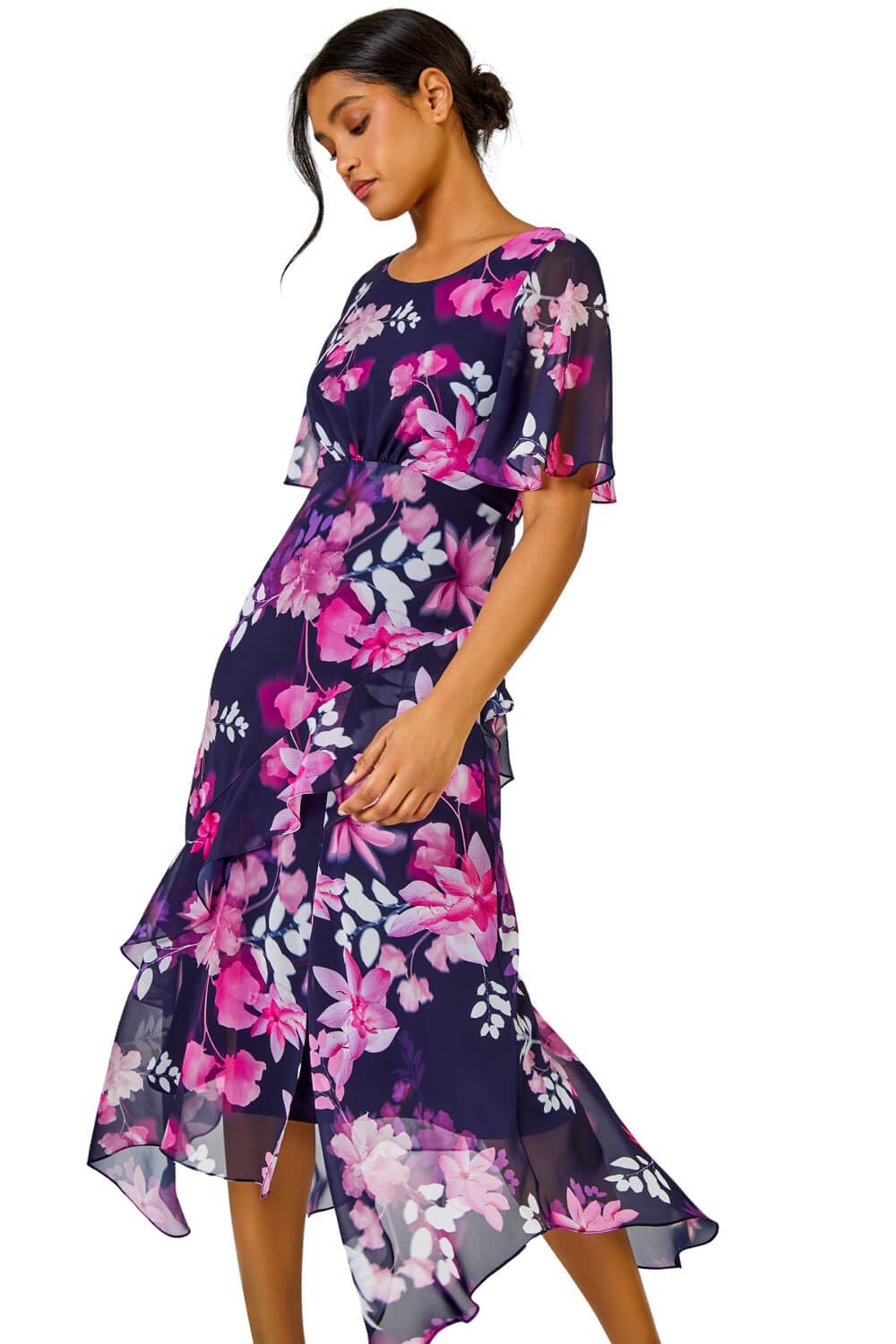 Roman Women's Floral Chiffon Frill Asymmetric Midi Dress in Navy | Size: 12