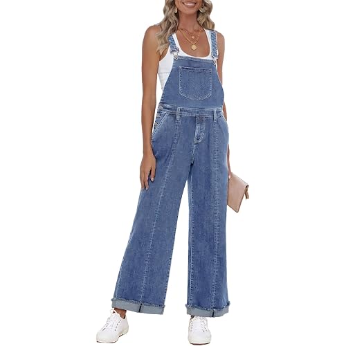 Vetinee Womens Overalls Denim Loose Fit Wide Leg Bib Stretch Baggy Jeans Jumpsuit Y2K Comfy