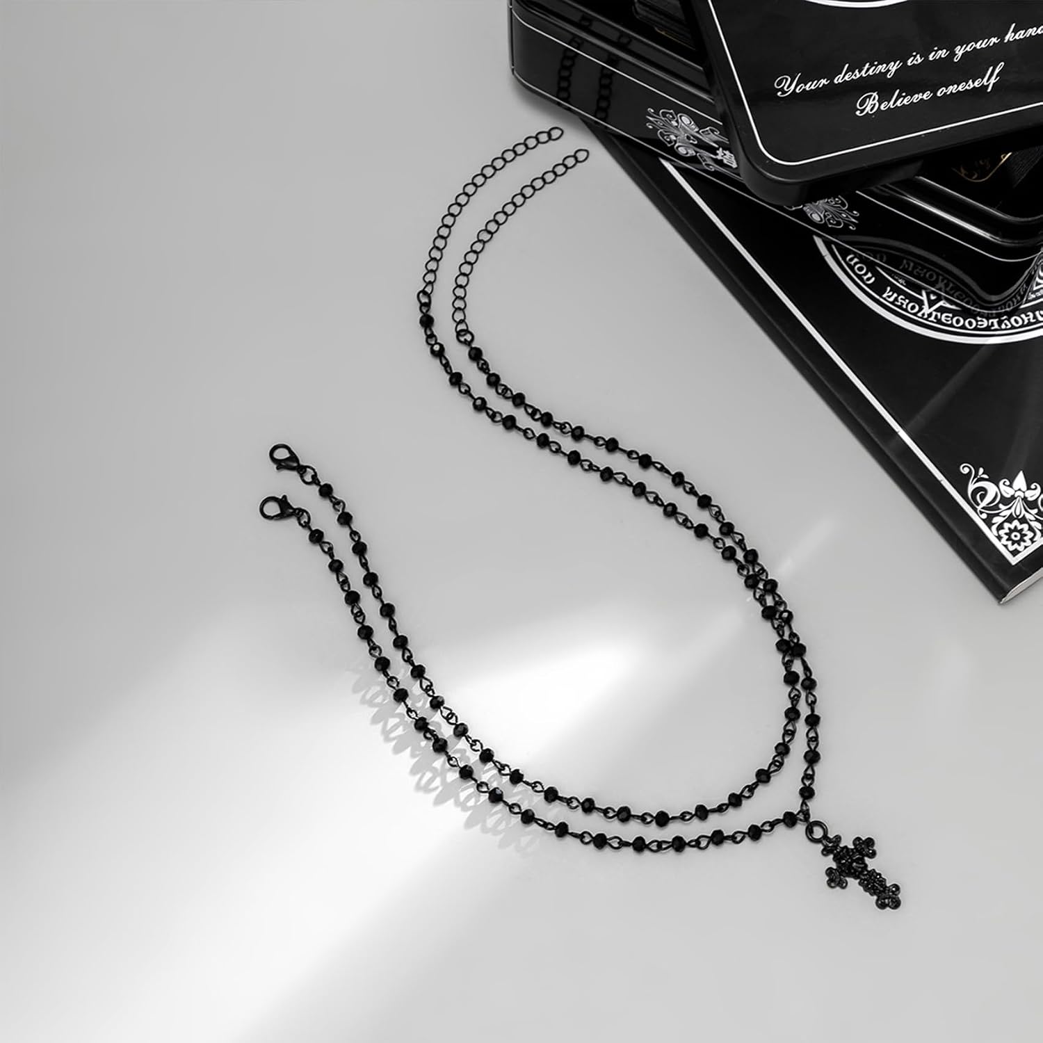 Gothic Layered Black Necklaces for Women Goth Y2k Emo Punk Grunge Choker Necklace Beaded Chain Black Dark Crescent Moon Star Cross Pendant Necklace Witch Costume Accessories for Halloween Christmas