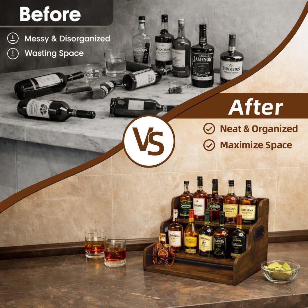 3 Tier Wooden Liquor Bottle Display Shelf, Retro Countertop Wine Rack, Man Cave Mini Bar Countertop Storage & Home Bar Décor, Brown image 2