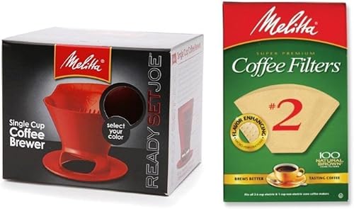 Melitta Pour Over Coffee Cone Brewer & # 2 Filter Natural Brown Combo Set, Rojo