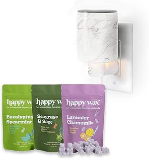 Happy Wax Marble Outlet Timer Warmer with 6 oz Spa Mix Collection Scented Soy Wax Melts. Includes: Seagrass & Sage, Lavender Chamomile and Eucalyptus Spearmint