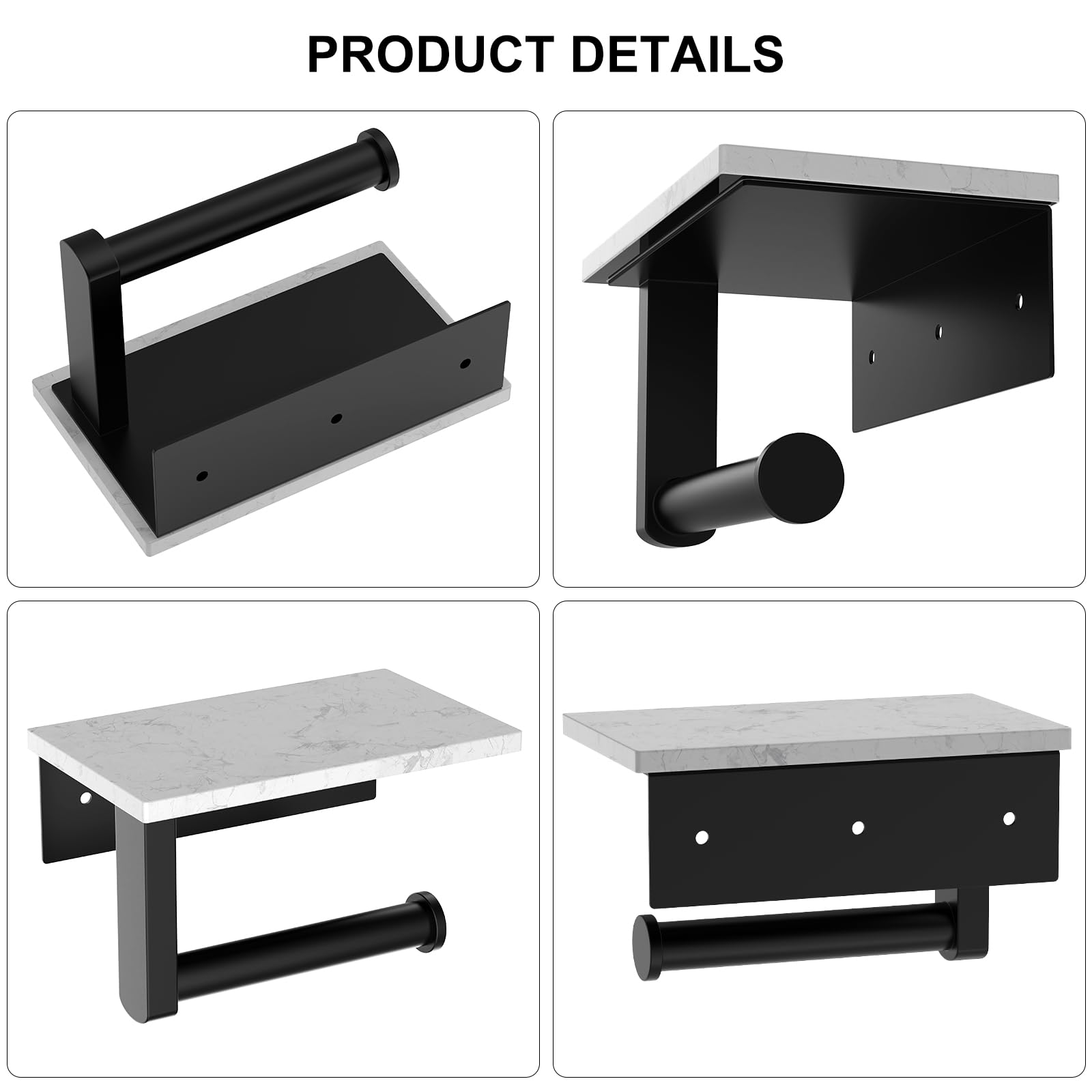 Matte Black Toilet Paper Holder with Marble Shelf Tissue Roll Holder — Amazon image 7